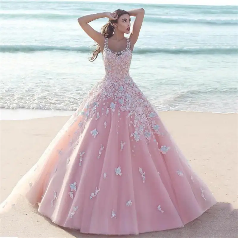 

2019 Saudi Arabia Pink Ball Gown Wedding Dress with Floweres Vestidos De Noiva Bridal Gowns Robe Mariage 2019 Pink Wedding Dress