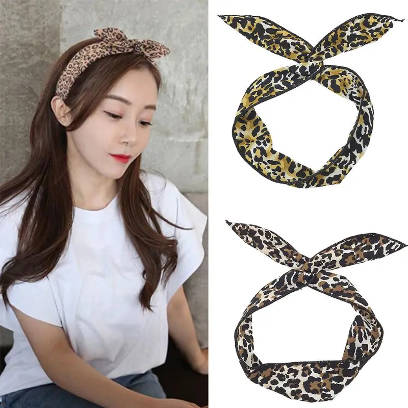 

Women Girls Leopard Printed Colorful Bow Headband Rabbit Ears Iron Wire Hairband Elastic Twist Casual Sport Dancing Turban