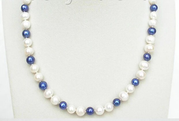 

FREE shipping>>>>Genuine 17" 9mm blue white freshwater pearls necklace filled gold clasp j8246 6.07