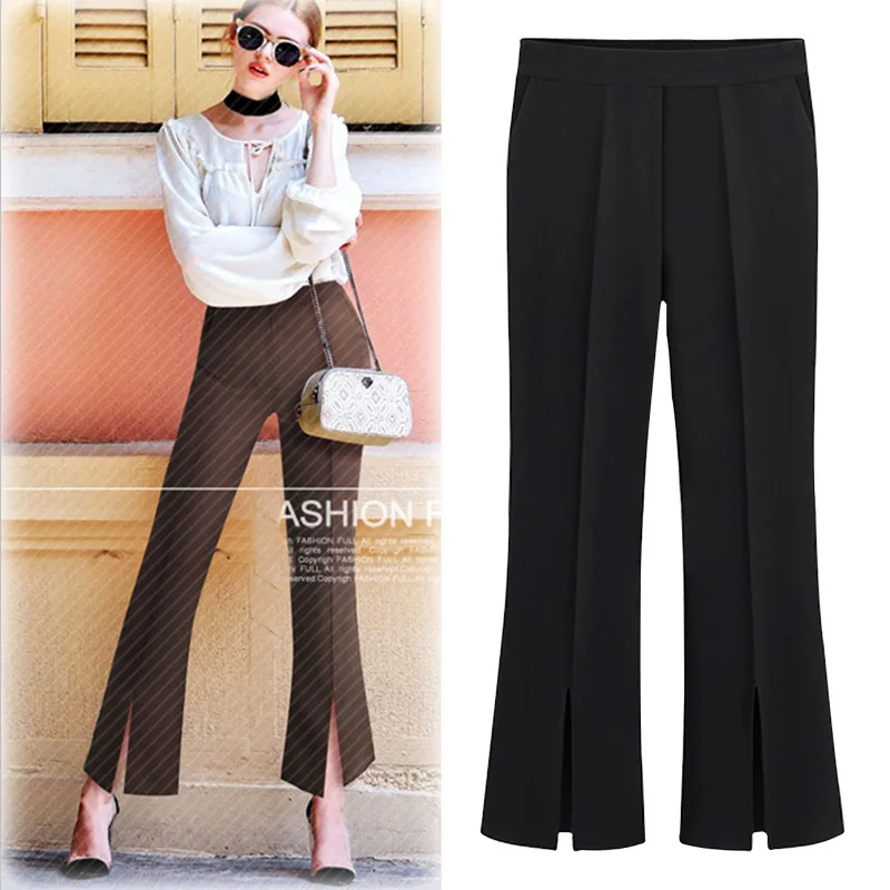 

Plus Size Casual Women Trousers 2019 Spring Summer Fashion High Waist Slimmed Ankle-Length Pants Slit Female Flare Pants