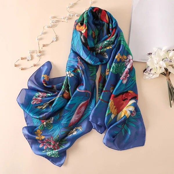 Женский шелковый шарф большого размера с птичьим принтом, Женская Роскошная яркая длинная шаль, дизайнерская Пляжная накидка для путешествий [3351] - Цвет: Синий