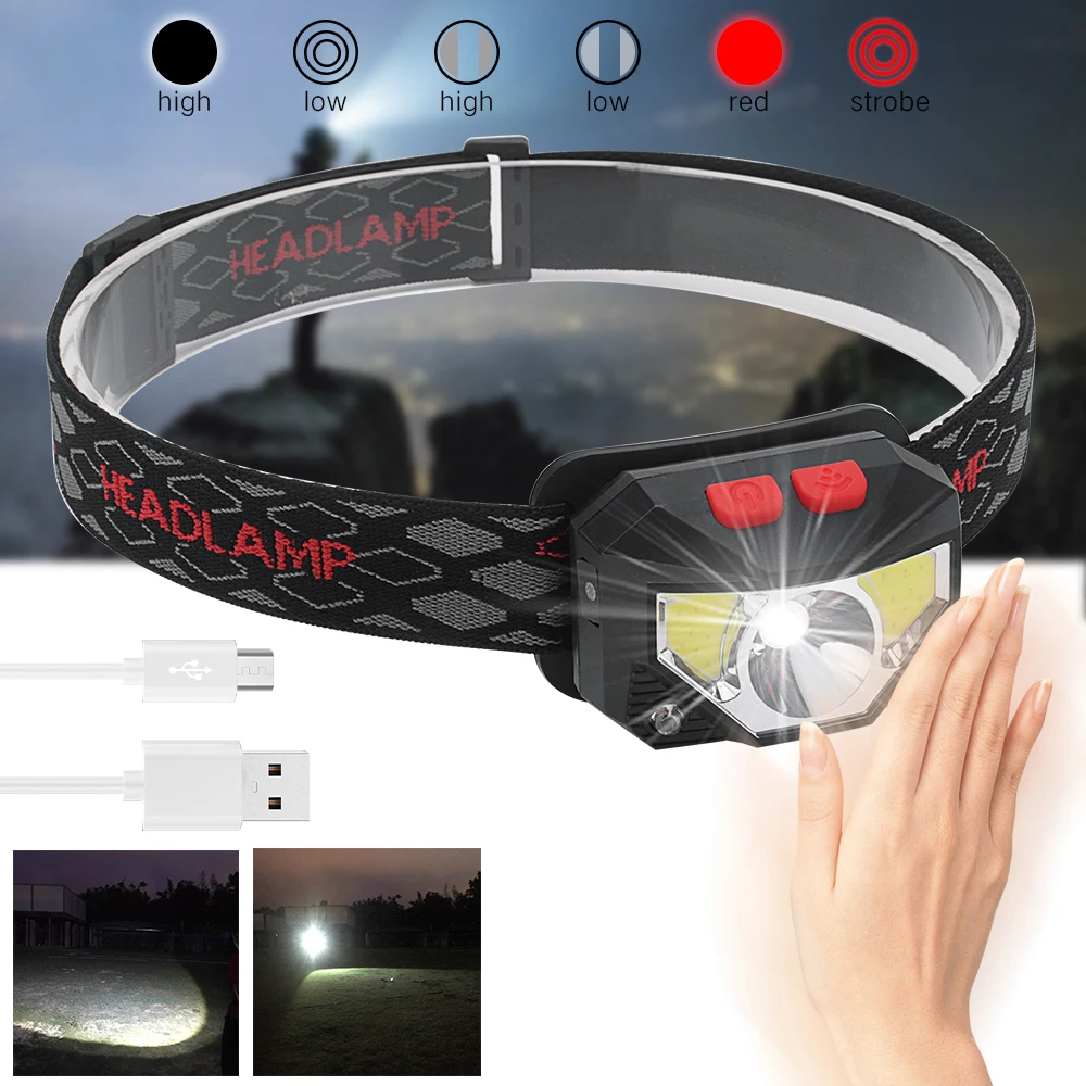 

9000LM Induction led Headlamp USB Motion Sensor headlight Built in battery Camping Fishing lights Flashlight Torch