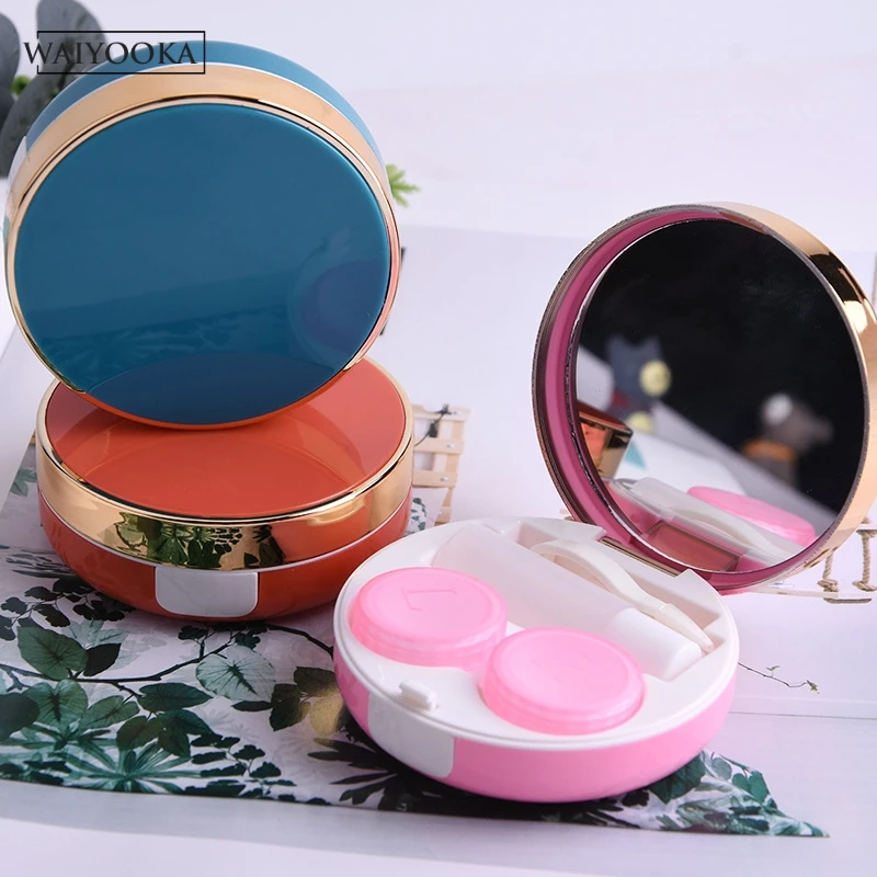 

Round Bright Contact Lens Case With Mirror Women Colored Contact Lenses Box Eyes Contact Lens Container Lovely Travel Kit Box
