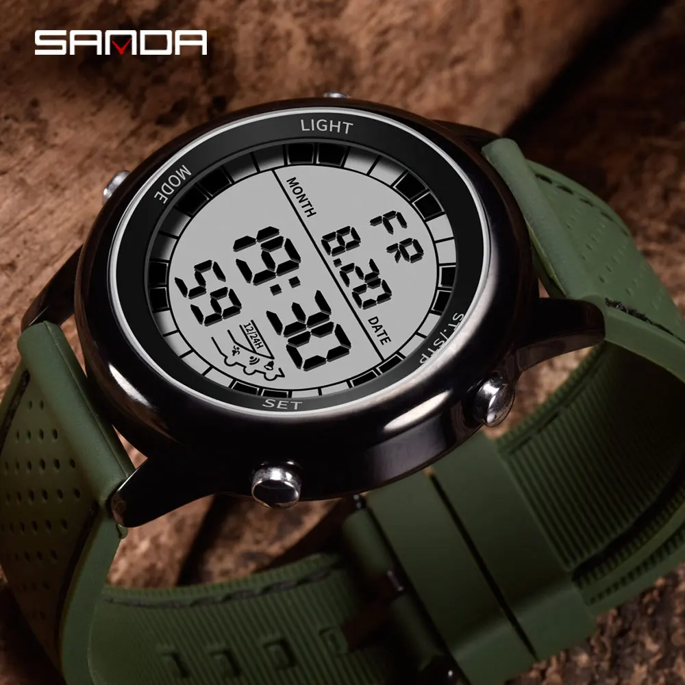 SANDA классические мужские часы s водонепроницаемые часы с обратным отсчетом Мужские Цифровые спортивные часы с хронографом Relogio Masculino - Цвет: Зеленый