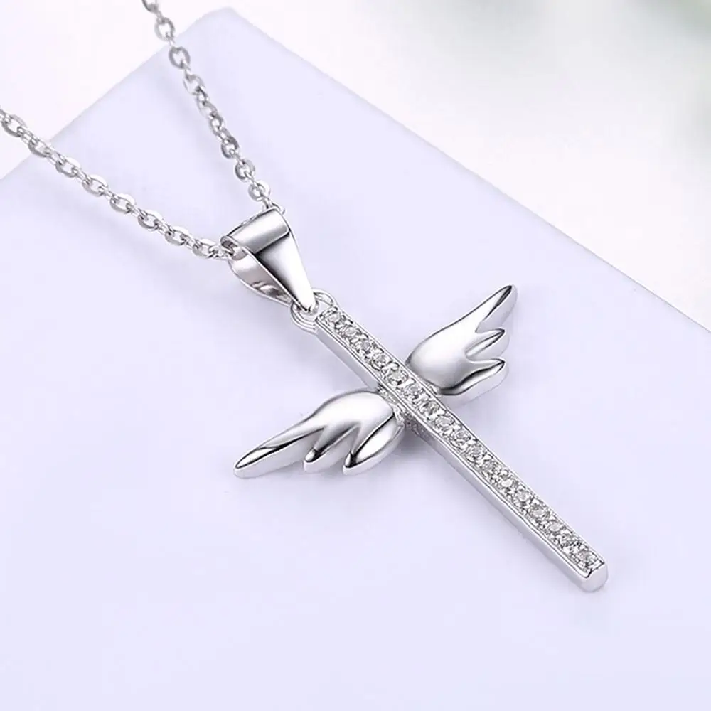

SILVERHOO 100% S925 Sterling Silver Fashion Angel Wings Cross Pendant Necklace for Ladies Sister Fine Jewelry Gifts