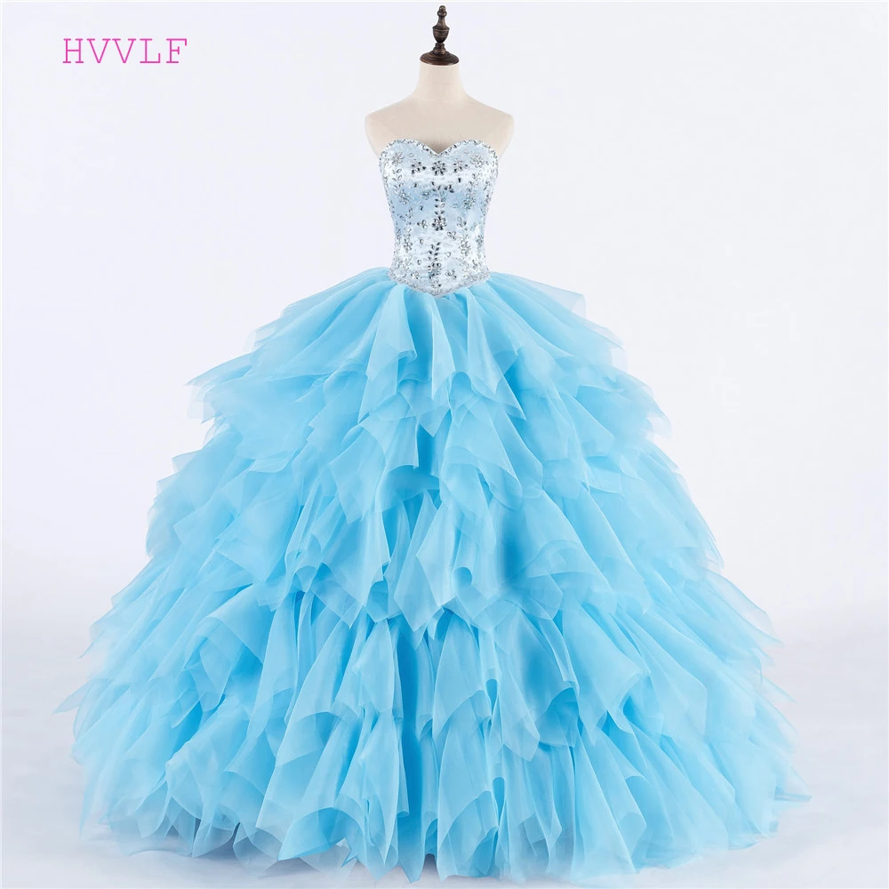 Небесно голубые бальные платья Quinceanera милое платье с оборками тюлевые бисерные