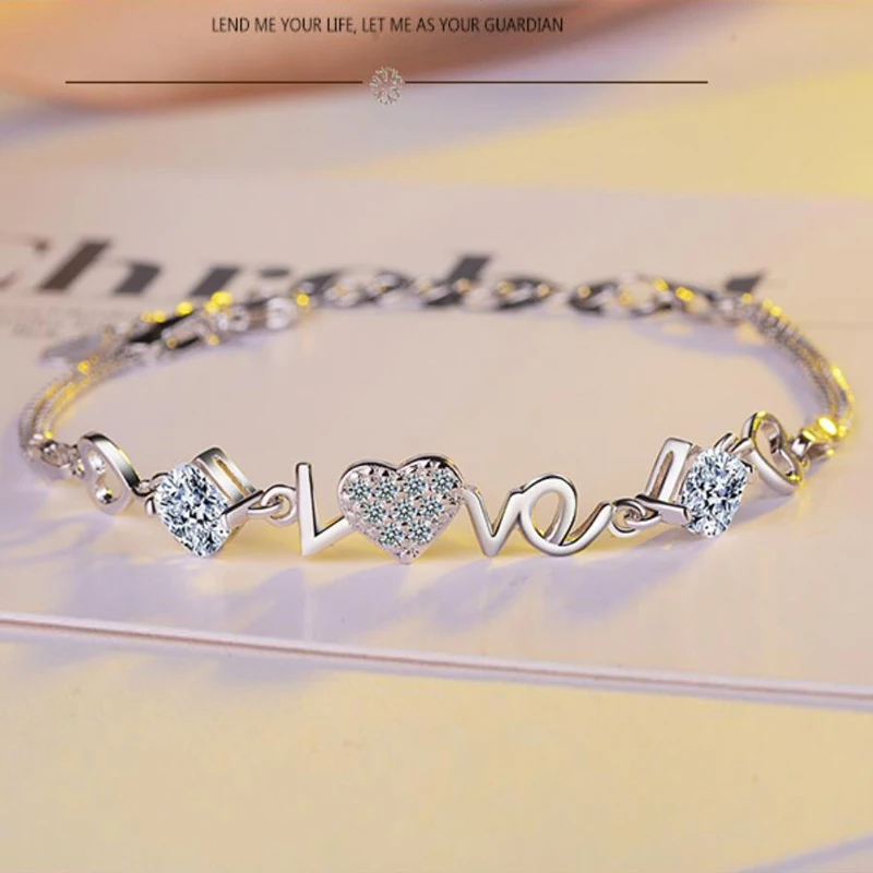 

KOFSAC Fashin Sterling Silver 925 Bracelet Girl Shiny CZ Fashion Love Heart Bangles Jewelry Gifts Bracelets for Women Pulsera