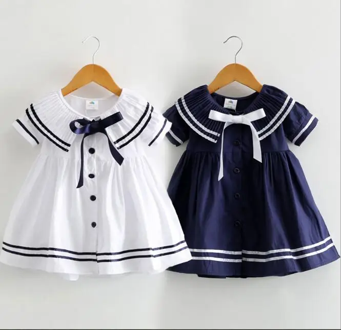 2018 Summer New Girls Naval Academy Style Dresses Children Bow Dress