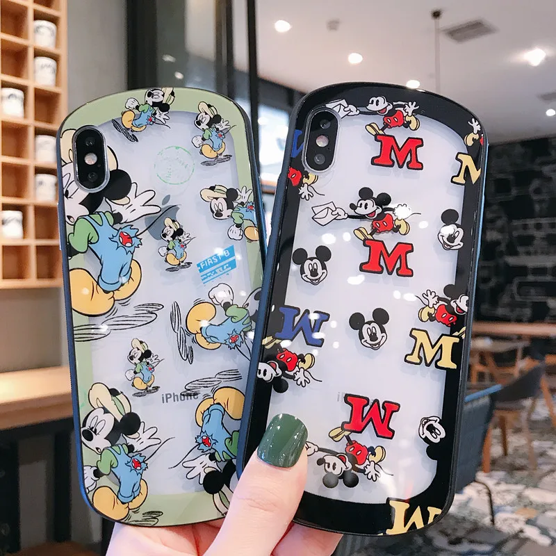 

Cute Cartoon oval Hollow Tempered Glass Mickey Don Duck Phone Case For iPhone Xs max XR 7Plus 8 6 6S Plus Hard Back Cover Cases