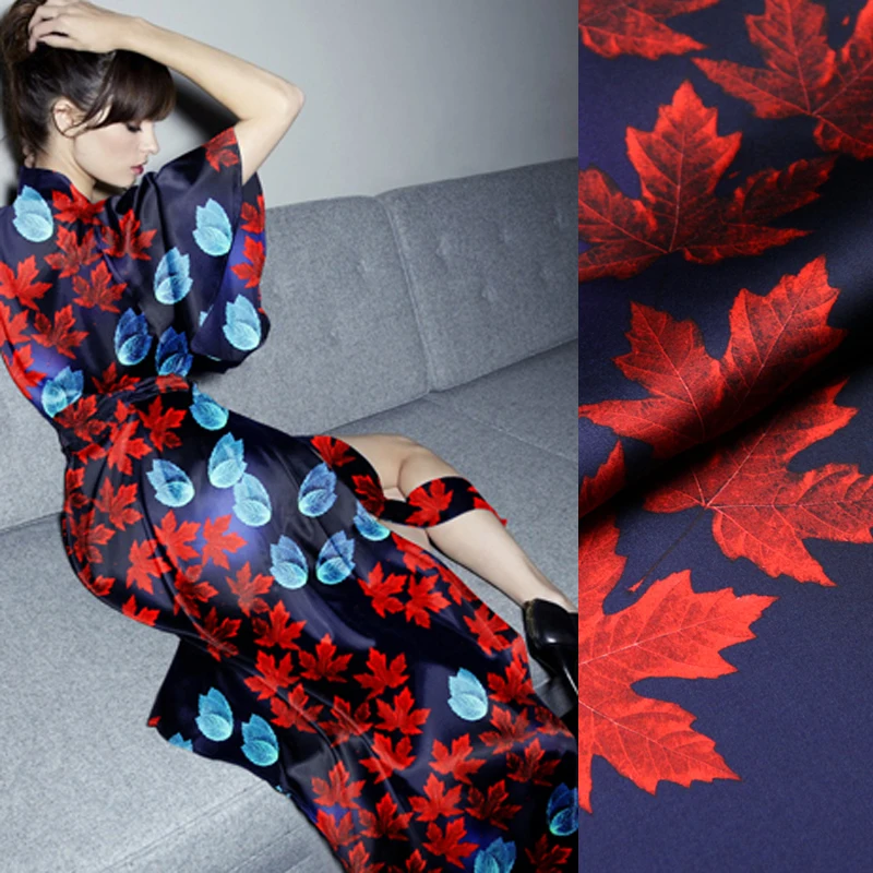 

118CM Wide 19MM 93% Silk & 7% Spandex Blue Red Leaves Print Stretch Silk Satin Fabric for Dress Cheongsam D993