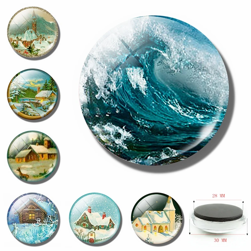 

Ocean Wave Fridge Magnets Beautiful Forest Snow Scene 30 MM Glass Dome Magnetic Refrigerator Stickers Note Holder Home Decor