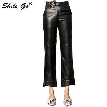 

Streetwear Leather Pants Women Elegant Belt High Waist Sheepskin Genuine Leather Asymmetry Pants Concise Female Straight Capris