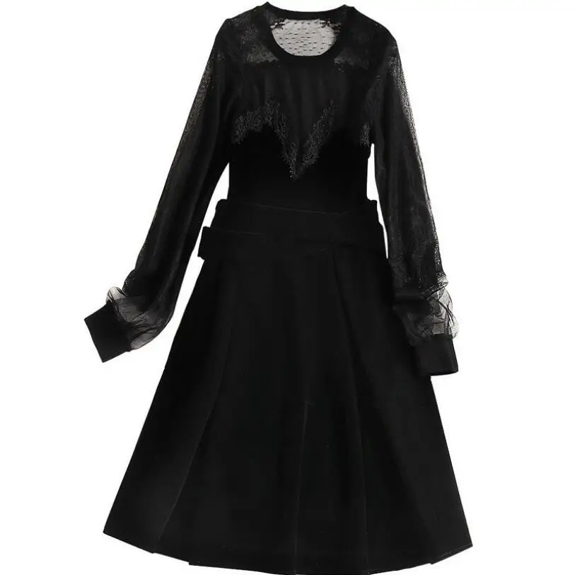 

2018 Spring Women Luxury Black Vintage Velvet Runway Dress Female Perspective Mesh Sleeve Dinner Party Velour Dresses