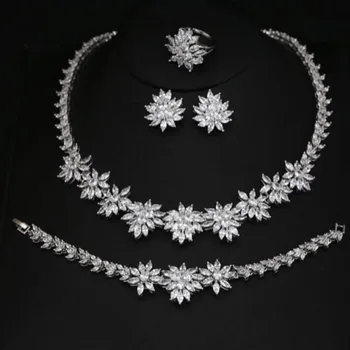 

New Arrival Trendy 2 Color Flower Shape Cubic Zircon Necklace/ Earrings/ Bracelet/ Ring Set For Women Wedding