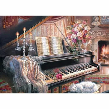 

5D DIY Needlework Diamond Embroidery Diamond Painting Cross Stitch Piano And Sleeping Cat Landscape Rhinestones Painting Decor