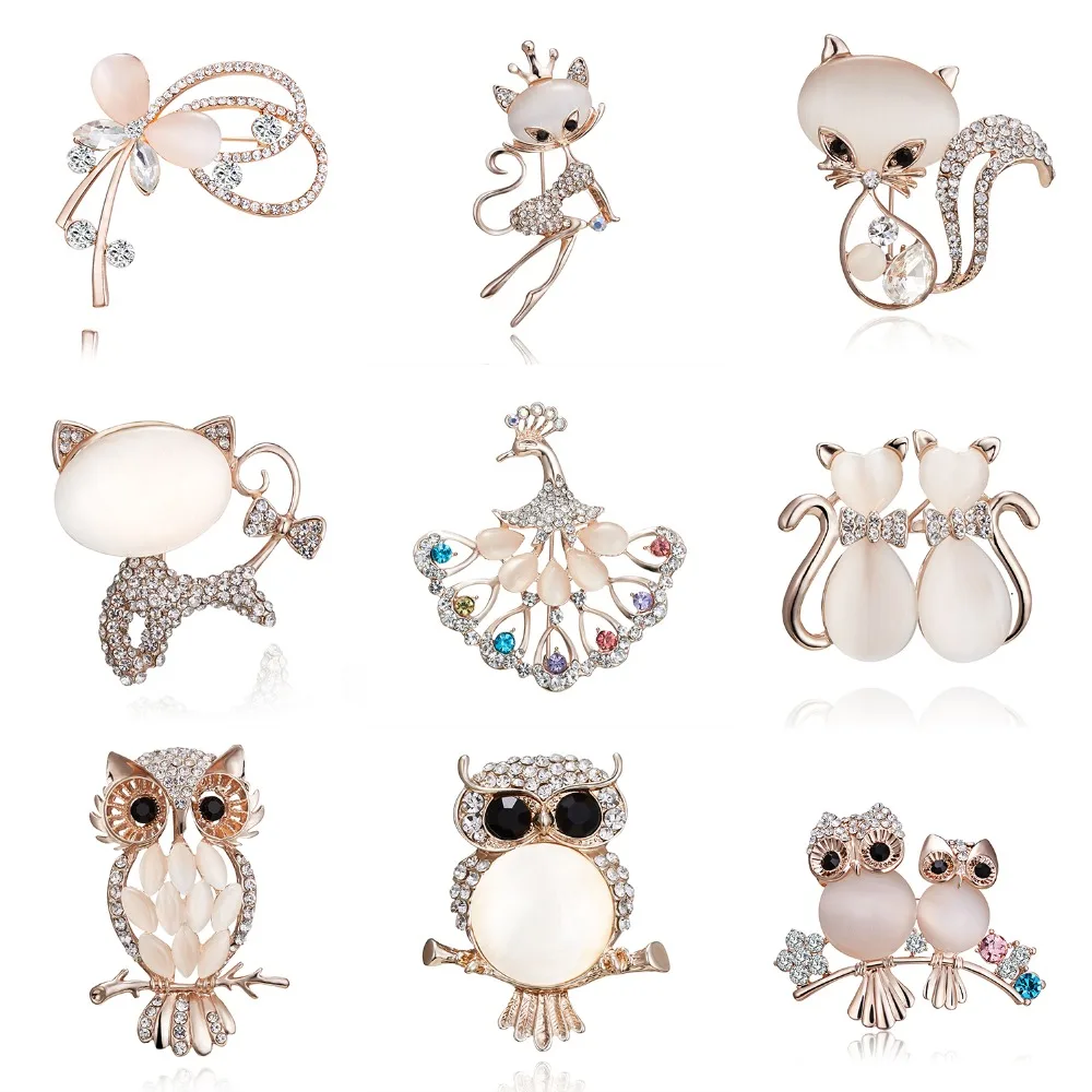 

Trendy Gold Filled Multicolor Opal Stone Cute Animal Pin Brooch Shiny Crystal Peacock Owl Fox Cat Brooches Women Fashion Jewelry