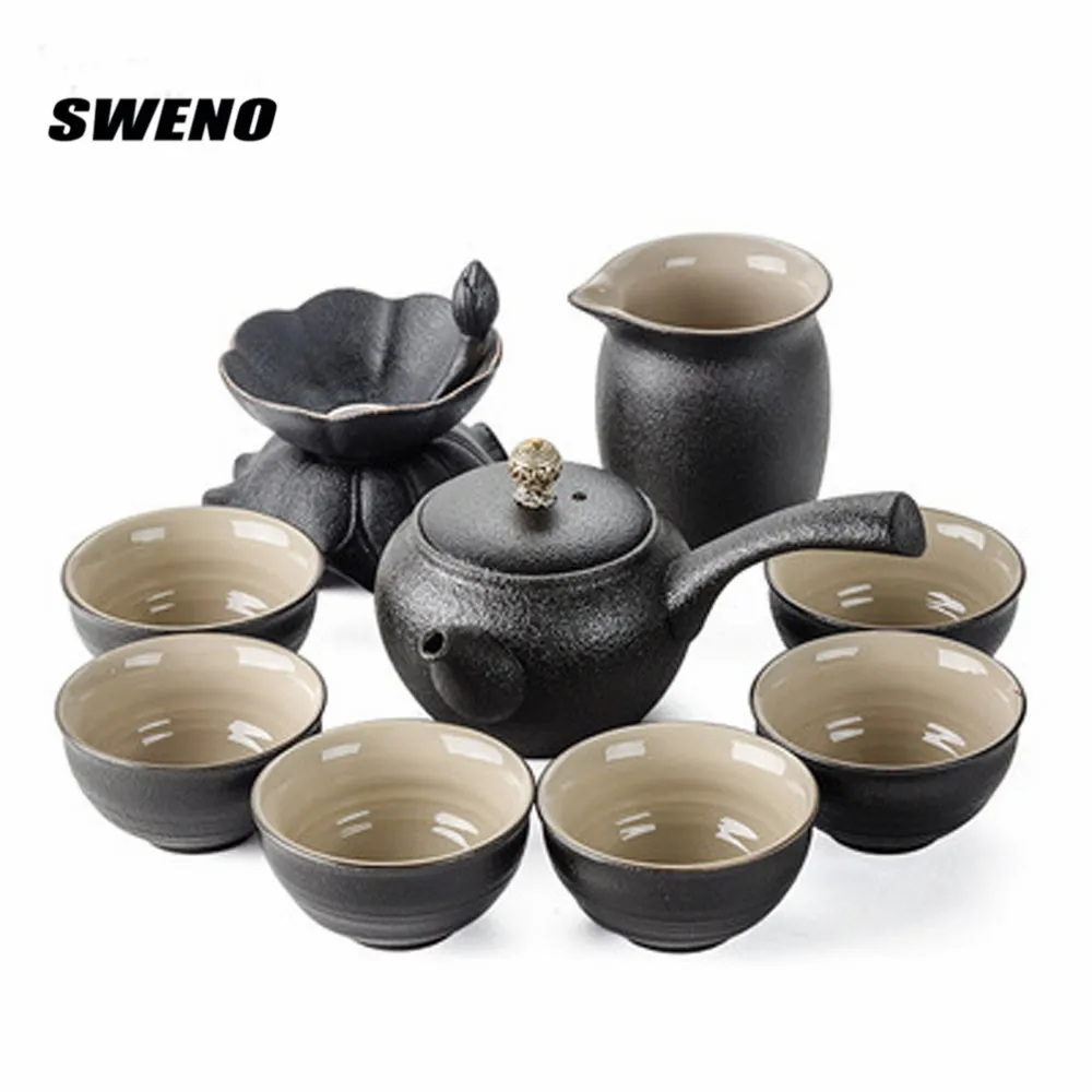 SWENO Kung Fu Tea Set Japanese Style Home Black Pottery Cup Vintage Teapot Suit Chinese High Quality Drinkware Gift | Дом и сад