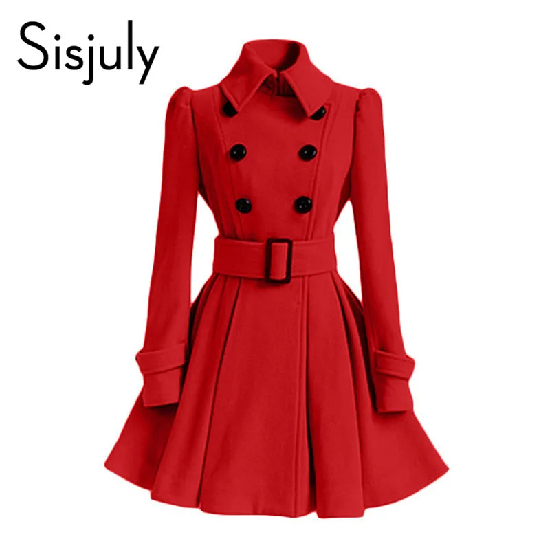  Sisjuly Red Wool Women Coat Winter Overcoat Double Breasted Belt Slim Jacket Female Fashion Black C