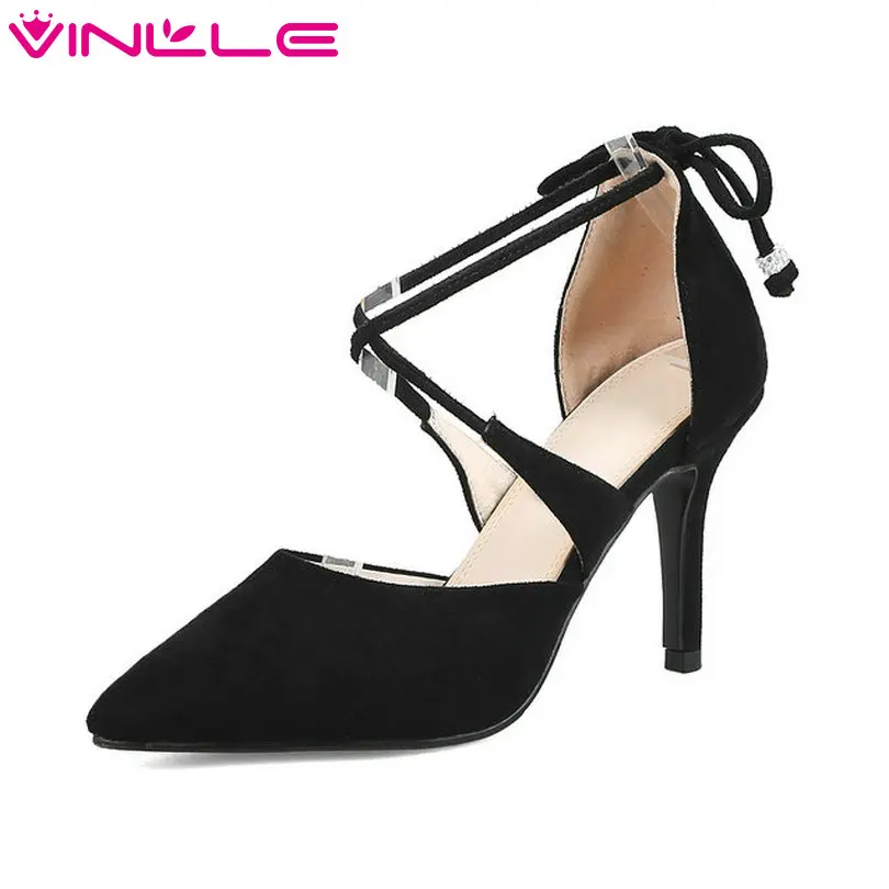 

VINLLE Shoes Woman Thin High Heel Flock 2.5/7.5/9.5cm Solid Fashion Pointed Toe Spring Autumn Women Pumps Size 34-41