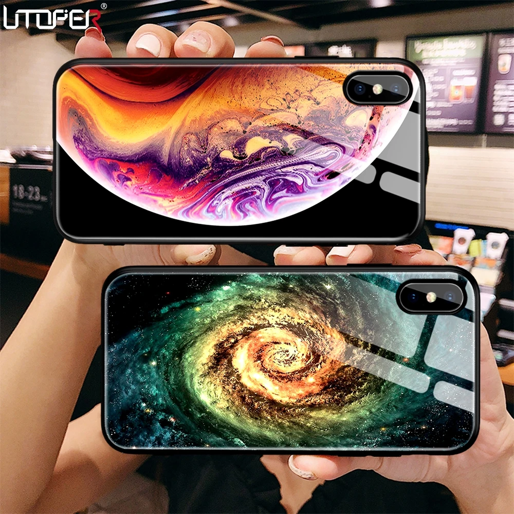 UTOPER Tempered Glass Case For iPhone 7 8 Plus Case Luxury Star Space Cover For iPhone X Case For iPhone6s 6 6s 7Plus XS Max XR