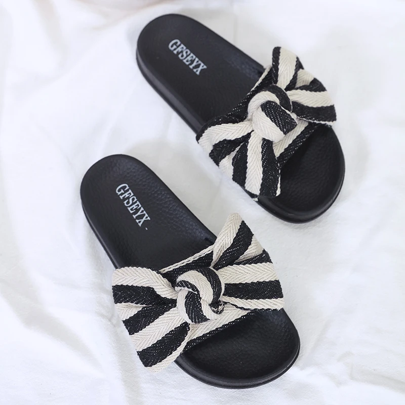 

Gingham Shoes Without Heel Slippers Women Summer Butterfly-knot Socofy On A Wedge Low Slides Flat Beach Soft 2019 Sliders