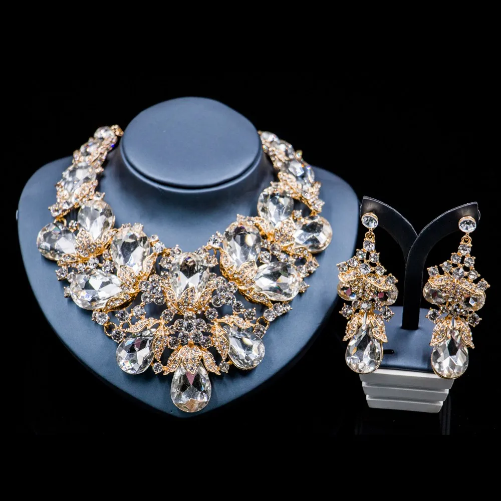 Lan дворец модные золотые ювелирные изделия Стразы, австрийский горный хрусталь ожерелье и серьги для свадьбы шесть цветов