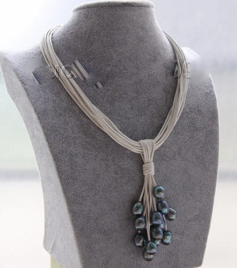 

Choker 16" 15row 14mm peacock black pearls white leather Pendant necklace 5.27