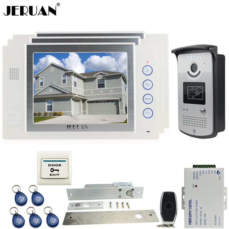 

JERUAN 8`` video door phone Record intercom system kit 3 house Aluminum panel 700TVL RFID Access Camera ELectric Drop Bolt lock
