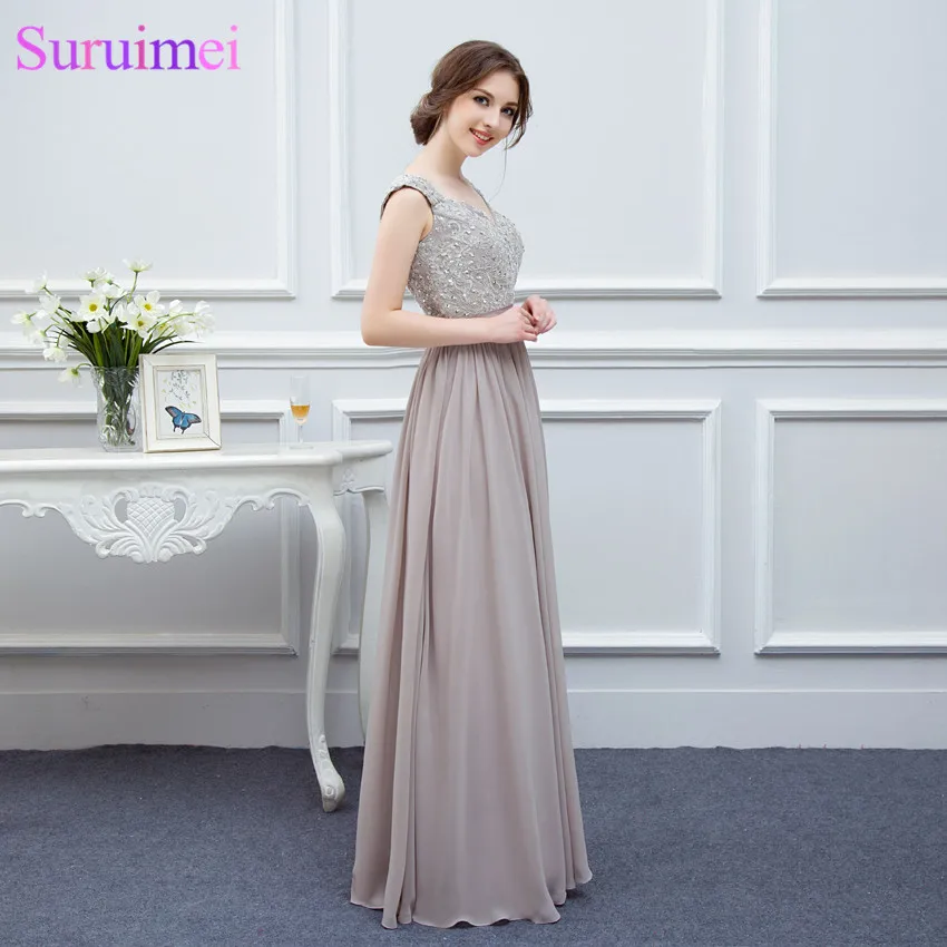 

Free shipping new arrival silver grey color a line cap sleeve applique floor length long chiffon bridesmaid dress BD043