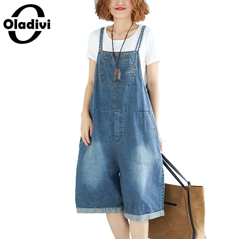 

Oladivi Plus Size Women Denim Rompers Lady Casual Jeans Jumpsuit Sleeveless Backless Loose Overall Retro Strapless Playsuit Pant