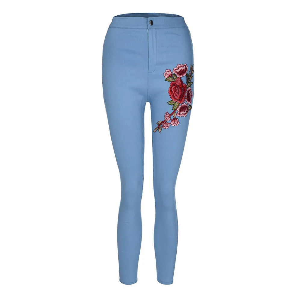 Женские джинсы с высокой талией 2019 модные сексуальные женские обтягивающие Цветочные аппликация на джинсы Высокая талия стрейч карандаш