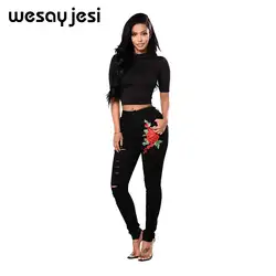 2018 Новый Высокая талия черный и белый Джинсы с вышивкой без рваные Женская мода цветочный джинсовые штаны брюки для Для женщин джинсы