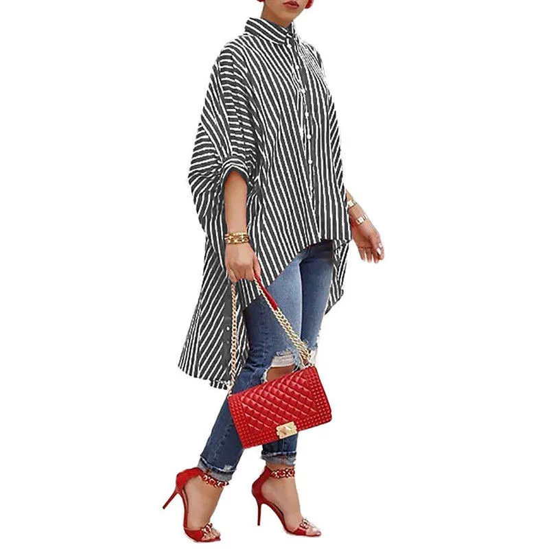 

Hot Sale Women Loose 3/4 Sleeve Summer/Autumn Blouse Asymmetry Striped Casual Shirt Fashion Turn Down Collar Button Down Blouse