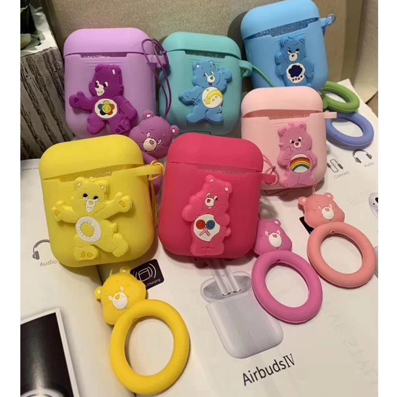 

For AirPods Case 3D Cartoon Cute Sweet Candy Color Rainbow Hug Bear Soft Wireless Earphone Cover for Airpods 2 Finger Ring Strap