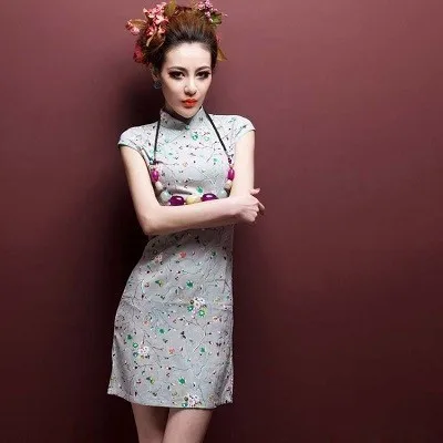 SHENG COCO растягивающиеся короткие платья высокого качества из льна и хлопка Cheongsam 4XL 5XL Печать Тонкий и светильник ChiPao китайский Шанхай - Цвет: biege qi pao