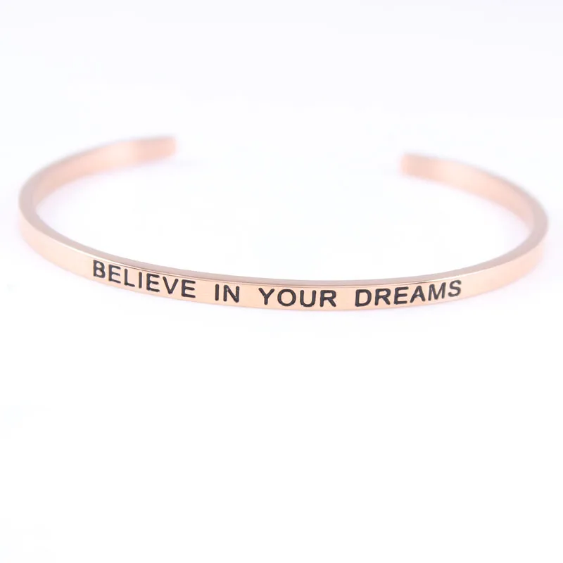 Новое поступление! Розовое золото нержавеющая сталь Выгравированные положительные вдохновляющие цитаты штампованные манжеты браслет с мантрой браслет для женщин - Окраска металла: Rose  BELIEVE IN YO