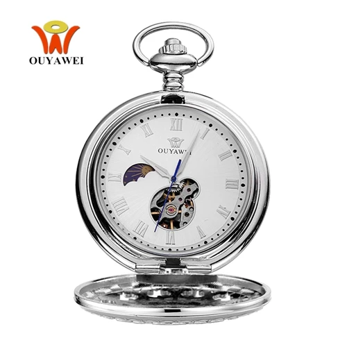 OYW механические Серебристые мужские карманные часы со стальным циферблатом и цепочкой, винтажное платье, часы Fob - Цвет: Silver White