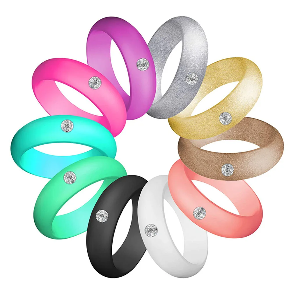 

10pcs/set 5.7mm Sports Silicone Rings With Rhinestone For Women Wedding Ring Hypoallergenic Crossfit Flexible Rubber Finger Ring