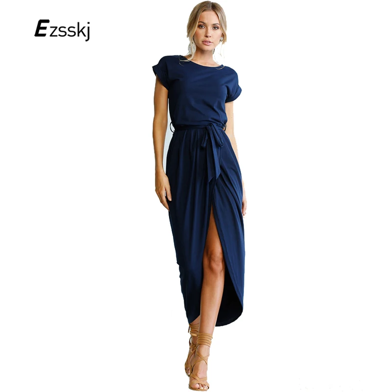 

2018 Summer Sexy Split Long Dress Women O Neck Club With Belt Long Dress Casual Elegant Maxi Dress Gray Blue Plus Size 3XL