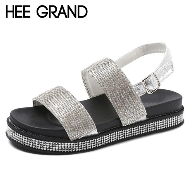 HEE GRAND Summer Bling Bling Women Sandals 2018 New Slip On Flats Beach Gladiator Sandals Casual Platform Shoes Woman XWZ5020
