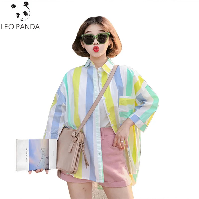 Summer New 2018 SweetLovely Fashion personalized Full Blouses Chic Women Loose Striped Print Notchedc Shirt Cute FemaleZQ142 |