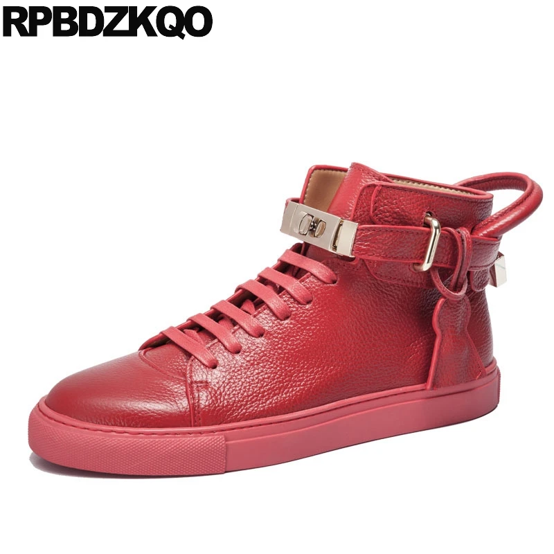 

Men Shoes Casual High Top Genuine Leather Skate Italy European Cow Skin Flats British Style Sneakers Luxury Trainers Red Hip Hop