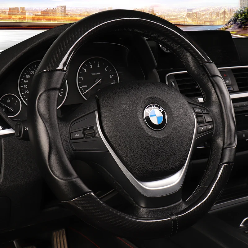 

KKYSYELVA D Shape Steering-Wheel Black Auto Car Steering Wheel Cover Leather 38CM wheel cover Interior accessories