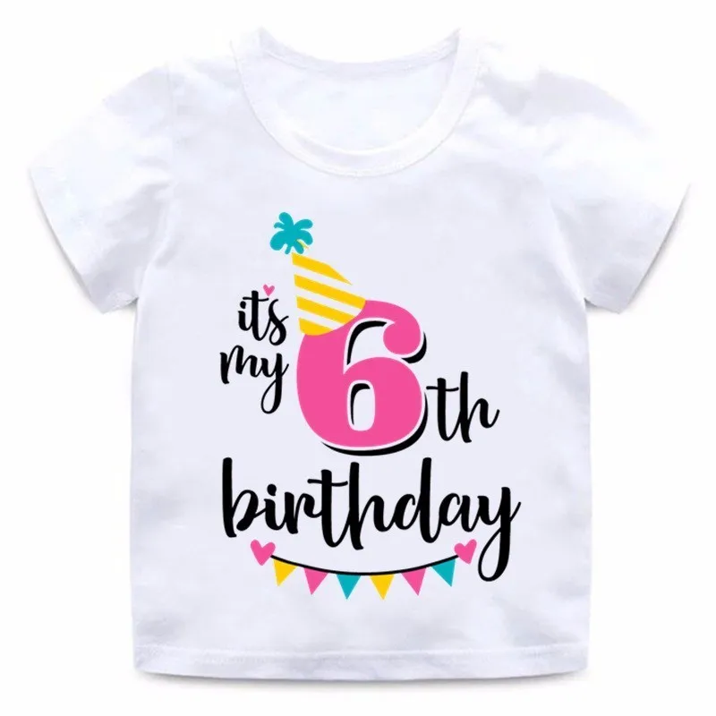 HKP2432F Футболка с надписью «Happy Birthday» и цифрой 1-7 для девочек Милая летняя одежда для малышей Забавная детская футболка с цифрами на день рождения HKP2432 - Цвет: HKP2432F