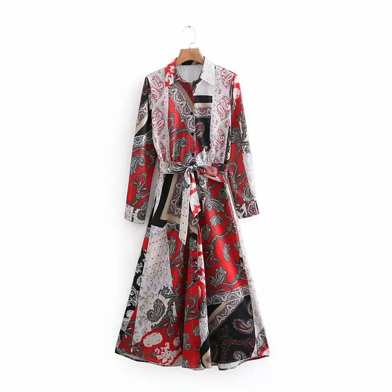 

Summer Women Dress Women Printed Floral Casual Full Sleeve Dress Plain Weave Vintage Slim Mid-Calf Female Sundress with Bow