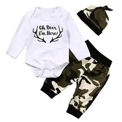 Комплект из 3 предметов Одежда для новорожденных мальчиков Топы корректирующие комбинезон + камуфляжные Брюки для девочек + Комплект