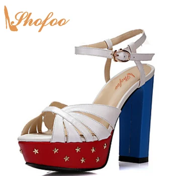 

Shofoo 2019 Women Shoes Chunky 10cm High Heels Peep Toe Sandals Casual&Dress&Party&Evening Purple&White ,Large Size 4 12 Summer