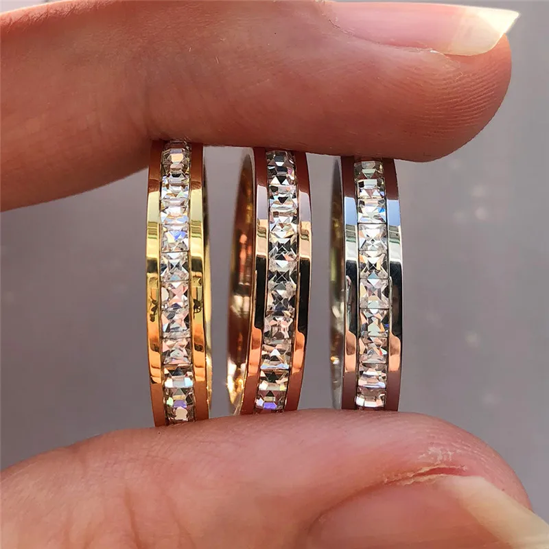 

Minimalist Stacking Titanium Steel Rings For Women Men Silver Rose Gold Color Boho Small White Crystal Thin Ring Wedding Jewelry