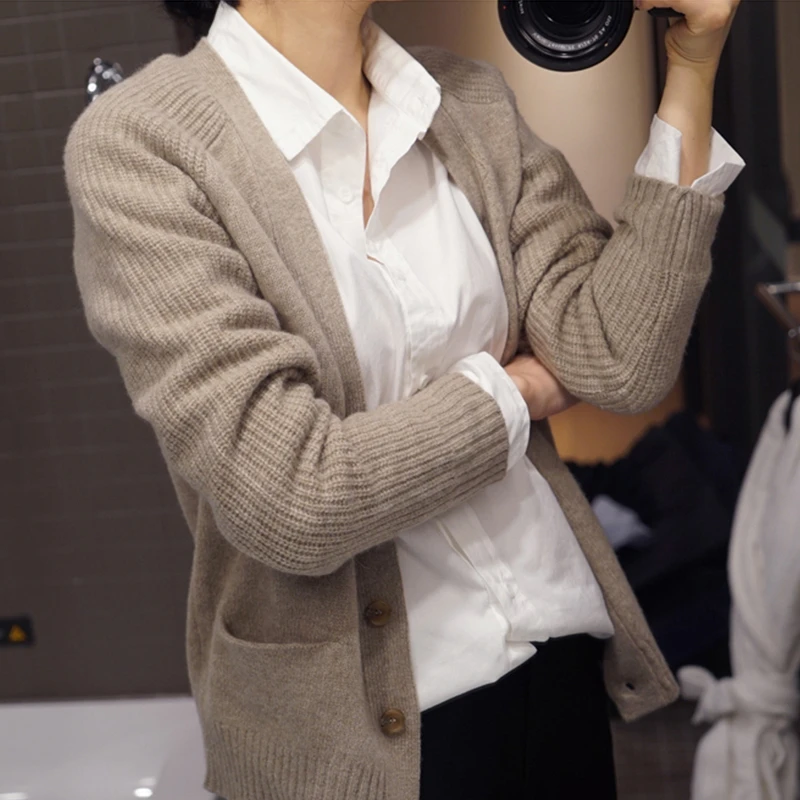 Ceny BELIARST 2018 nowy wełniany dziergany sweter kaszmirowy sweter V Neck krótki akapit luźny długi płaszcz z rękawami jednokolorowe pogrubienie