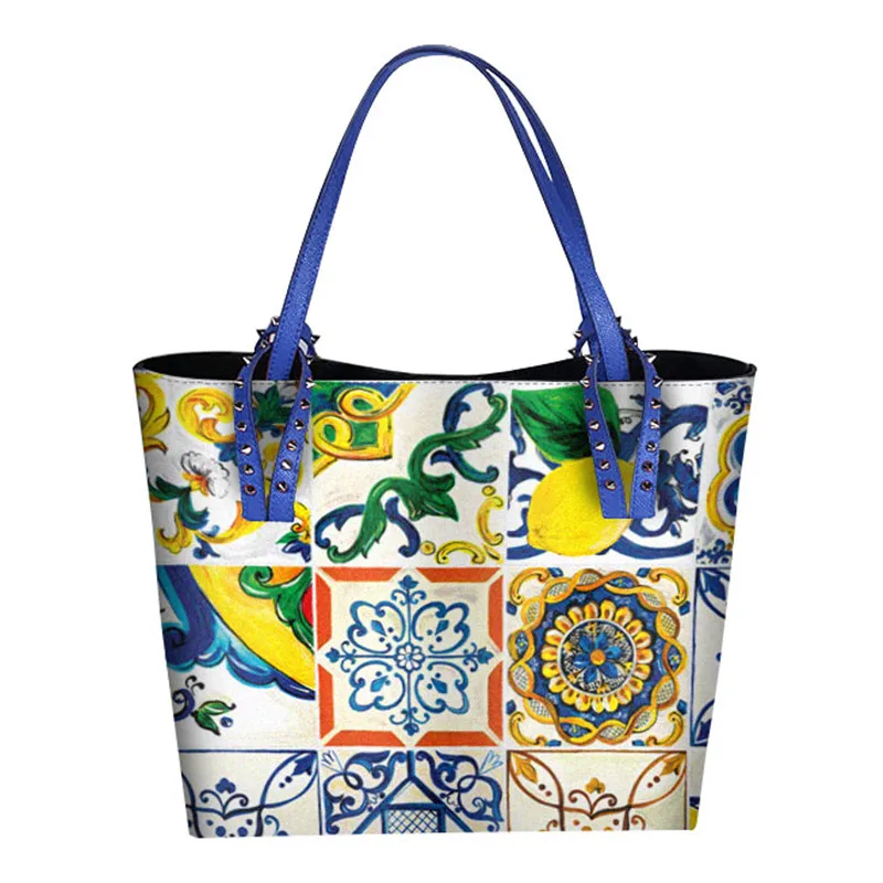

Luxury Italy Brand Sicily Ethnic Style Bag Leather Sicilian Women Shopper Tote Famous Designer Printed Shoulder Bag Big Handbags